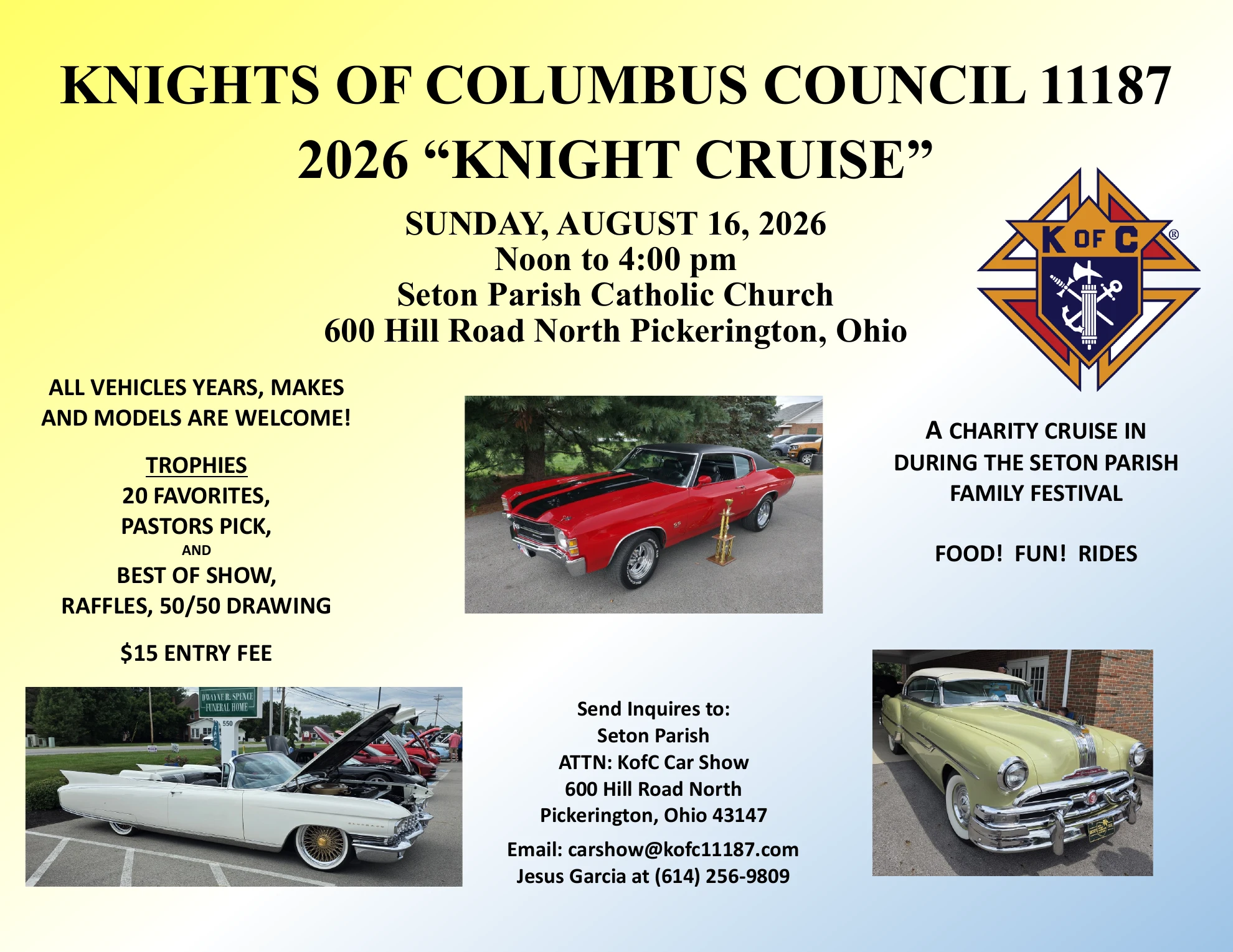 2026 Knight Cruise car show flyer: Sunday, August 16, noon to 4 p.m.; all vehicles welcome; contact carshow@kofc11187.com or 614-256-9809