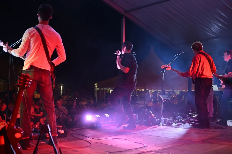 Band performing under bright stage lights